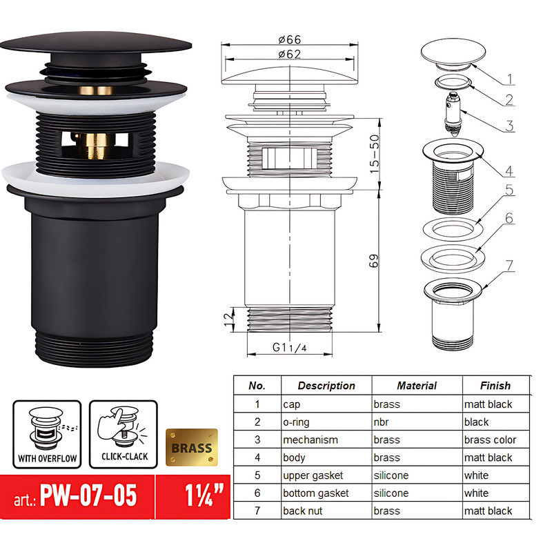 Донний клапан для раковини Koer PW-07-05 1 1/4'' з переливом автоматичний СLICK-СLACK  ( 18190 ) Харків - фото 8
