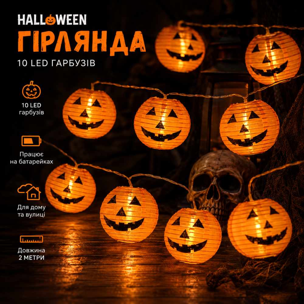 Гірлянда Halloween Smilfree 10 LED Гарбузи 2 м, на батарейках, помаранчева, декоративна LED-гірлянда для дому та вулиці Київ - фото 9