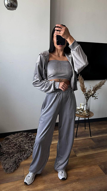 Женский плюшевый прогулочный костюм тройка: кофта топ и штаны велюр Серый, 42/44 Одесса - изображение 6