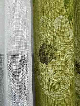 Комплект штор VR-Textil Лен Прованс 100х270 2шт и Тюль 400х270 2077ш-115т Оливковый с белым 71-212/2 Киев
