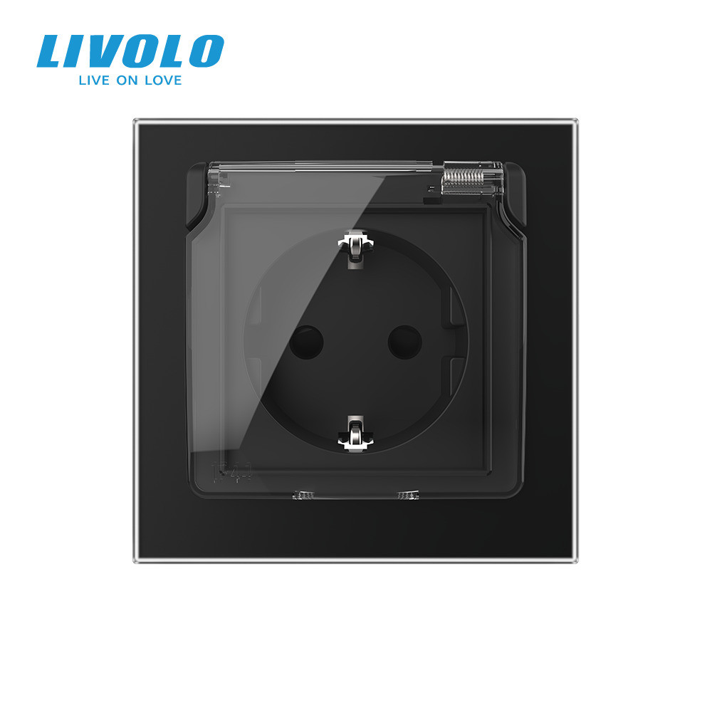 LIVOLO Електрична розетка вологозахисна з кришкою IP44 з заземленням, LIVOLO, чорна, скляна мат Коломия - фото 8
