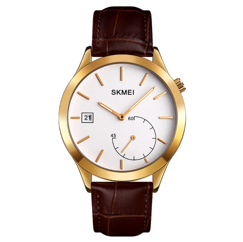 Мужские кварцевые часы Skmei 1581 Prestige коричневые с золотым Винница - изображение 3