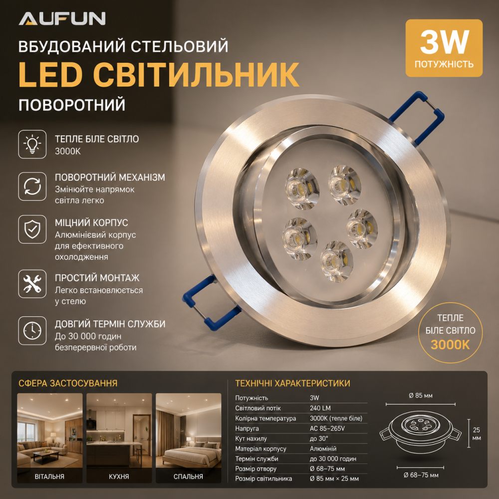 Вбудований стельовий LED світильник Aufun 3W, поворотний, тепле біле світло (3000K) Київ - фото 1