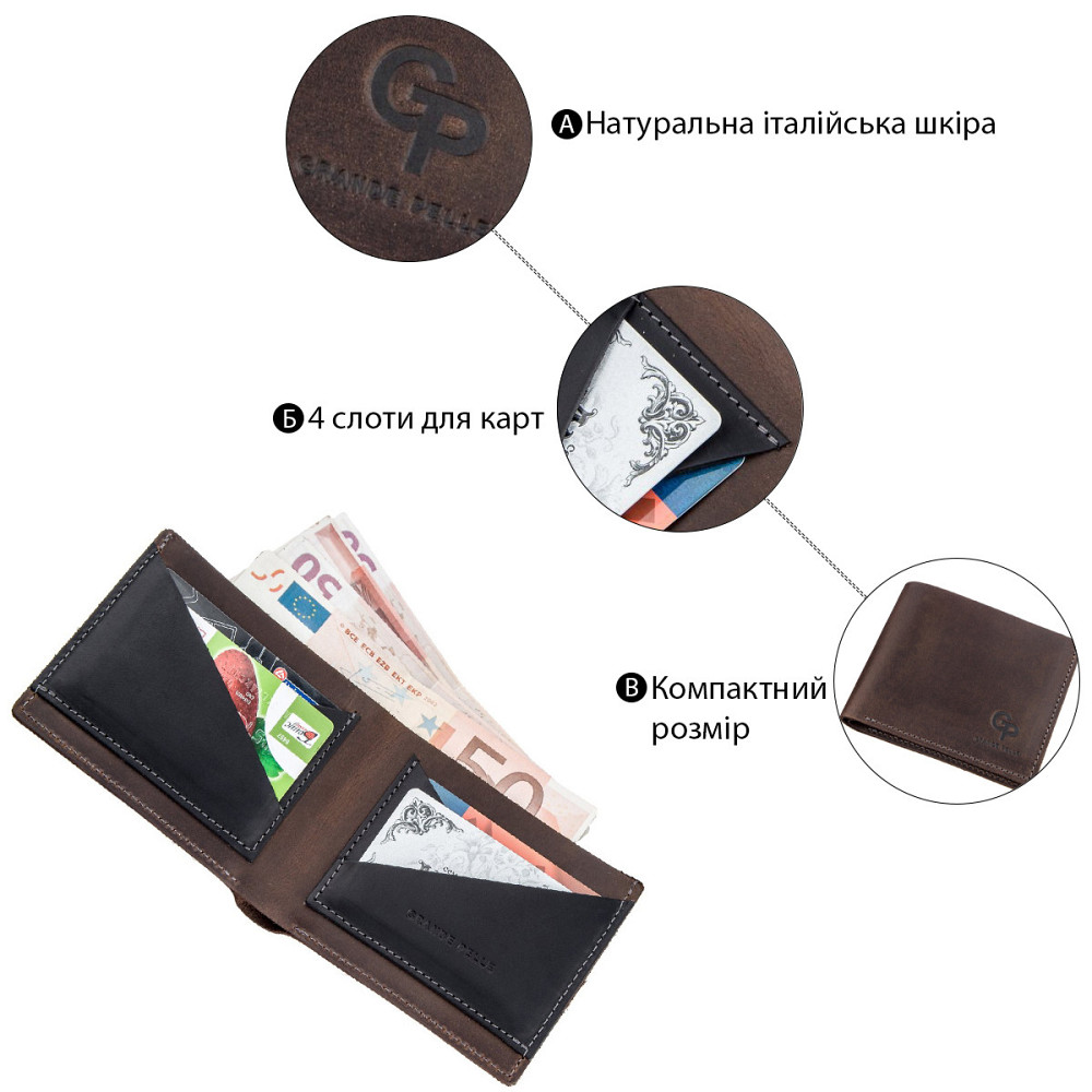 Компактное портмоне комби унисекс Темно-Коричневое (GRANDE PELLE) Киев - изображение 2