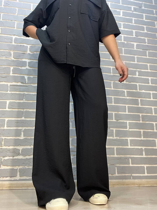 Костюм жіночий Mix Ray 4218 тканина жатка сорочка на гудзиках кишені та широкі штани на резинці чорний, чорний, S Київ - фото 16