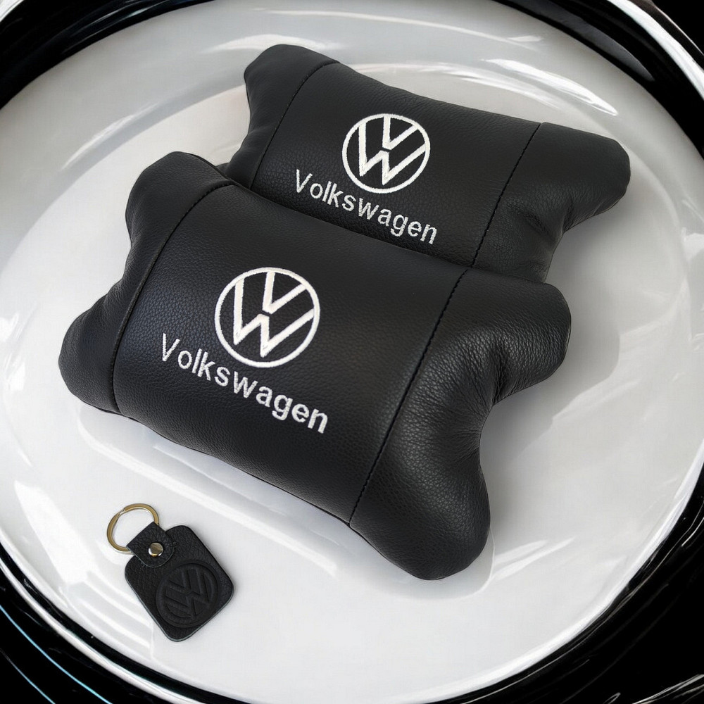 Набір автоподушок 2шт на підголівник Volkswagen з натуральної шкіри чорні + брелок у подарунок Київ - фото 6