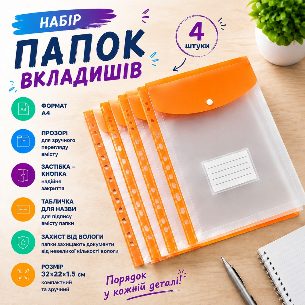 Набор папок-файлов с кнопкой для документов 4 шт формат А4 папка-конверт для фолдера папки-органайзеры прозрачные, оранжевый Каменец-Подольский - изображение 1