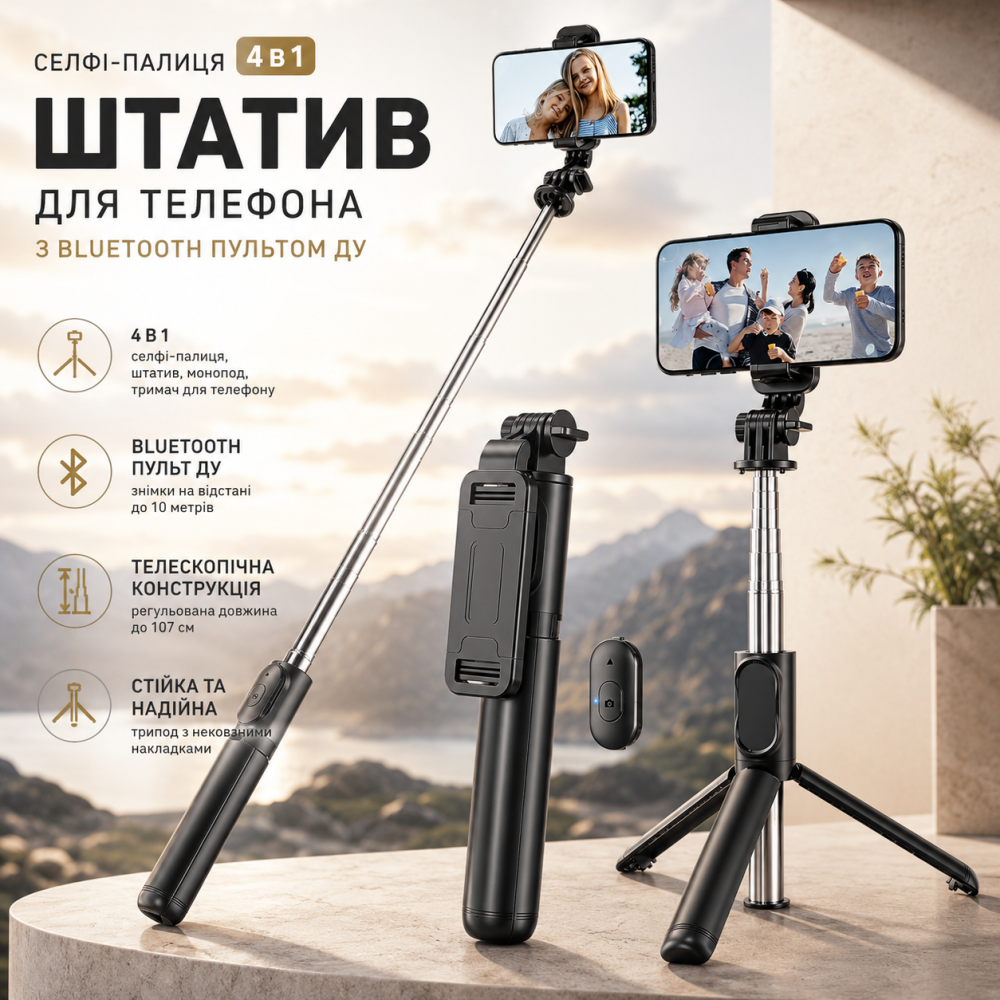 Штатив для селфи-палки KzomKzoo 4 в 1 с Bluetooth пультом ДУ — Телескопический монопод-трипод для телефона Киев - изображение 10