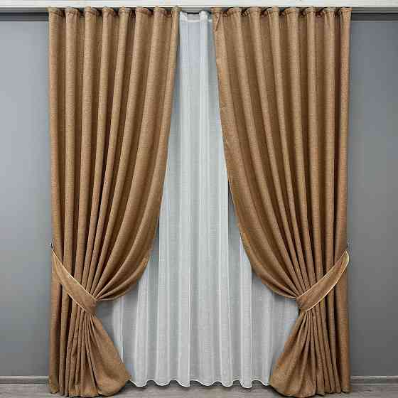 Комплект штор VR-Textil льон преміум ELEMENTA 150х270 2шт і Тюль 400х270 1865ш-115т світло-коричневий з білим 71-071/3 Київ