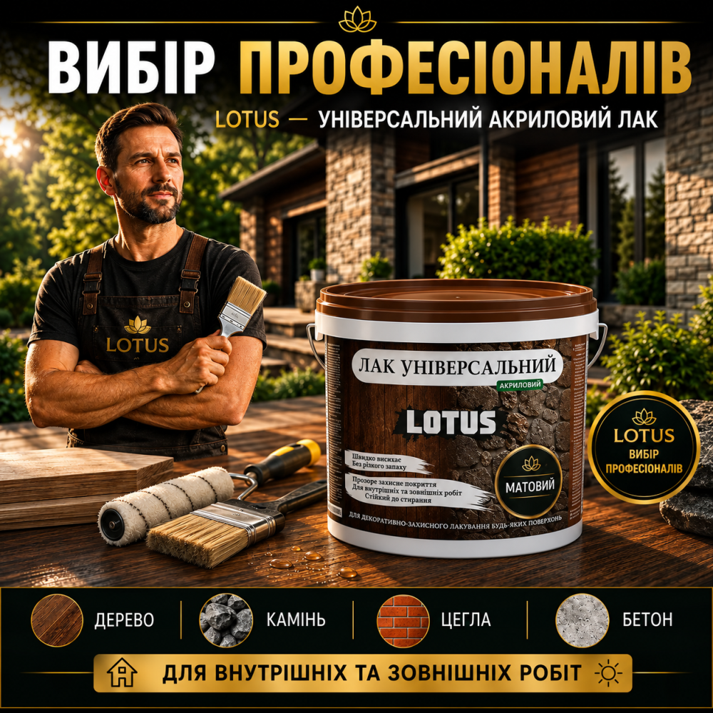 Лак універсальний акриловий LOTUS прозорий матовий без запаху зносостійкий для дерева, каменю, бетону та інших поверхонь 3 л Харків - фото 14