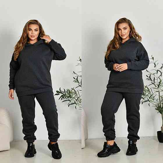 Женский прогулочный костюм: худи и штаны батал в спортивном стиле трехнитка на флисе Графит, 56/58 Одесса