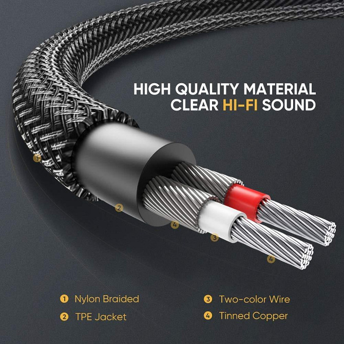 Аудіо кабель 2 RCA Jack 3.5 AUX Hi-Fi Ugreen AV116 (Чорний з сріблястим, 2м) Николаев - изображение 5