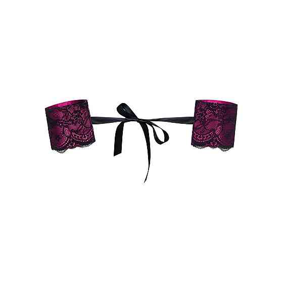 (SALE) Атласні наручники-манжети на стрічках Obsessive Roseberry cuffs, pink, прикрашені мереживом Sex Aura Київ