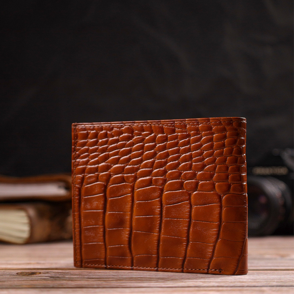 Мужской горизонтальный кошелек из натуральной фактурной кожи с тиснением под крокодила CANPELLINI 21781 Рыжий Киев - изображение 9