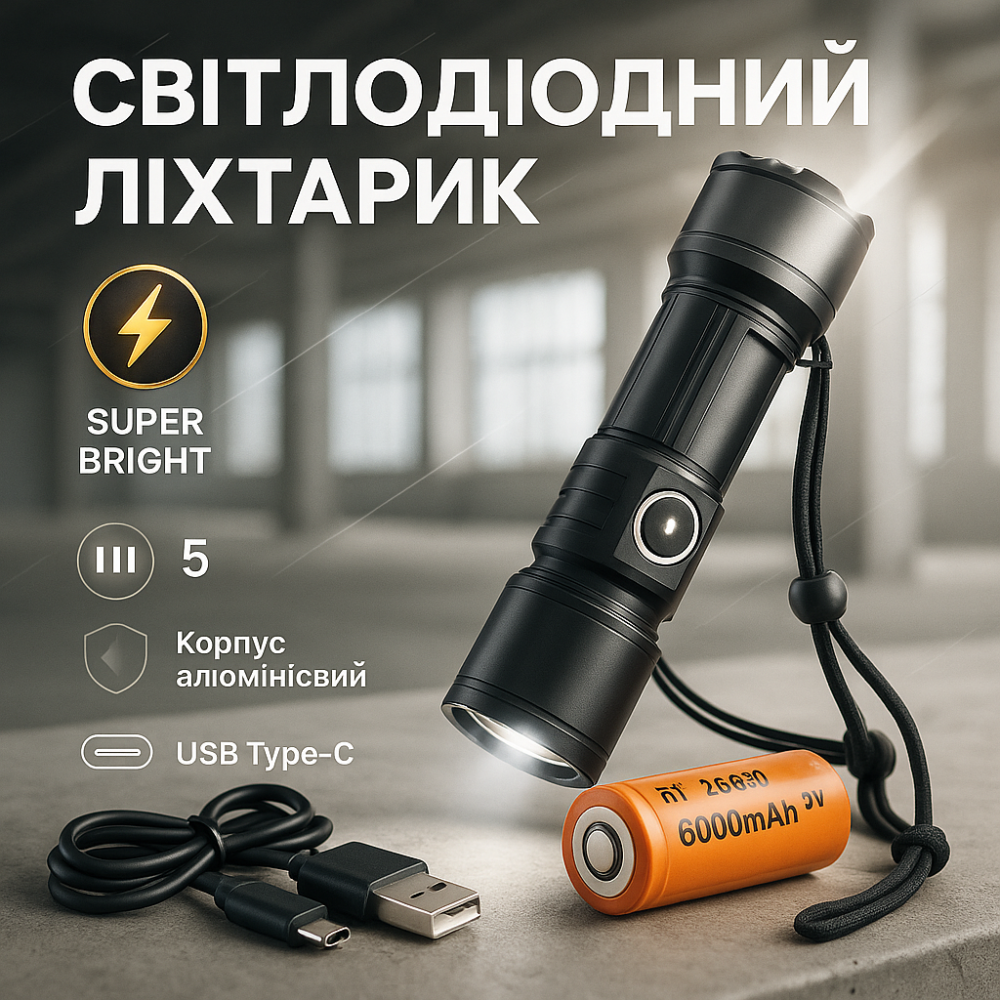 Ручний ліхтар з 18650 акумулятором, Ліхтарик військовий, Ліхтар для дому з вбудованим акумулятором KY-77 Львів - фото 16