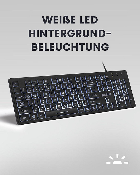 Клавіатура Perixx Periboard-317 чорна QWERTZ провідна USB повноформатна біле LED підсвічування великі символи Київ - фото 2
