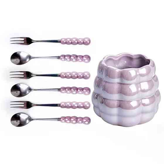 Набір десертних виделок і ложок на 3 персони з підставкою з порцелянау 7 предметів Фіолетовий HP-20-59 Коломия