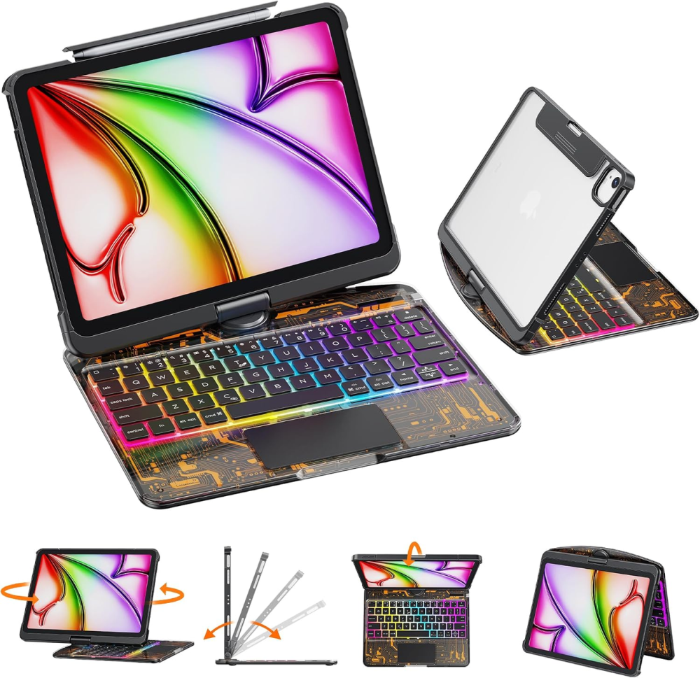 Прозрачный чехол-клавиатура для iPad Air 11″ M2/M3 и Pro 11″, Bluetooth, тачпад, RGB-подсветка 7 цветов, поворотная подставка 360° Киев - изображение 2