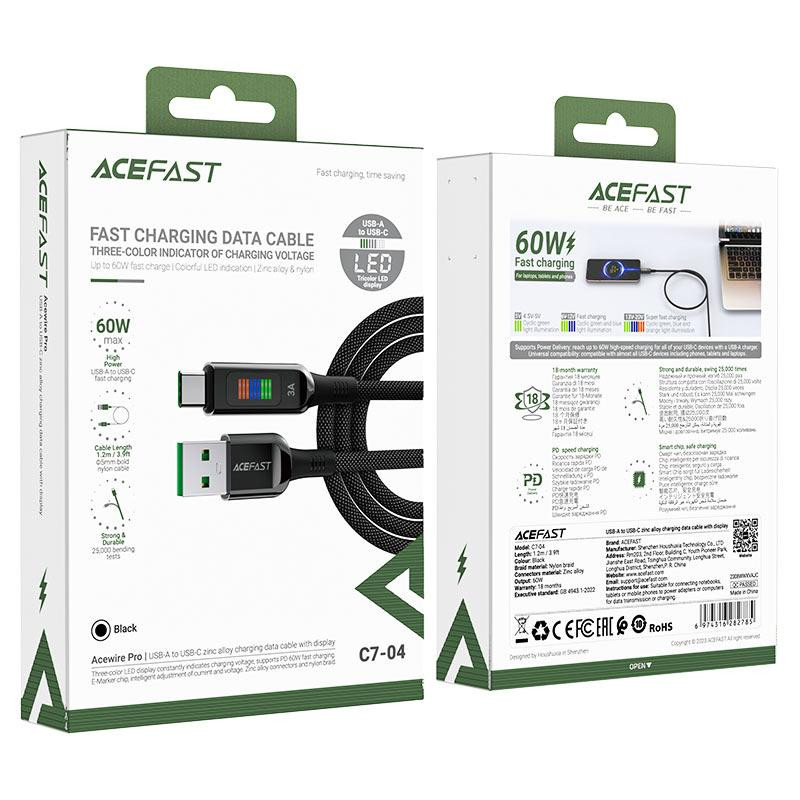 Кабель ACEFAST C7-04 USB to Type-C 3A, 1.2m, nylon, zinc connectors, LED, Black Киев - изображение 2