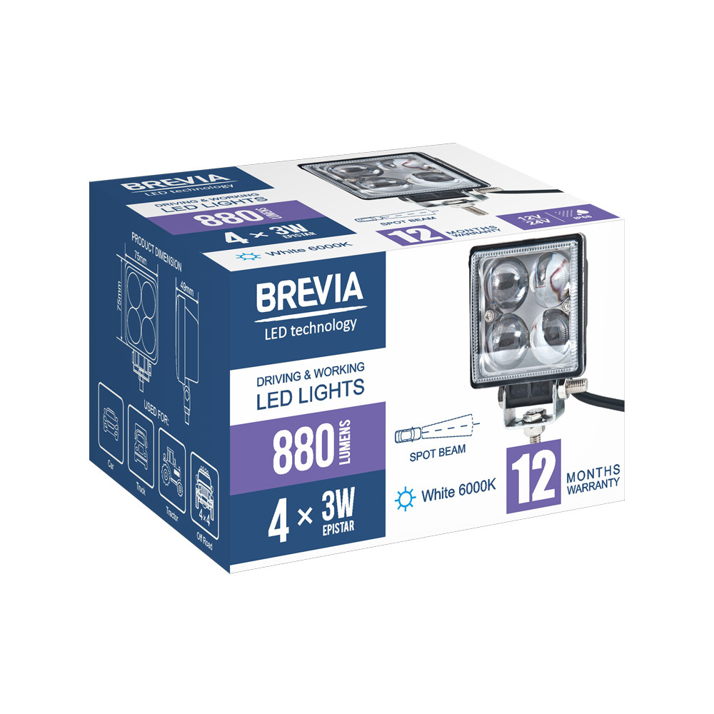Фара светодиодная Brevia Epistar 4D Spot 10-30V, 12W (4x3W), 880Lm, 1шт (10602QLX1) Львов - изображение 7