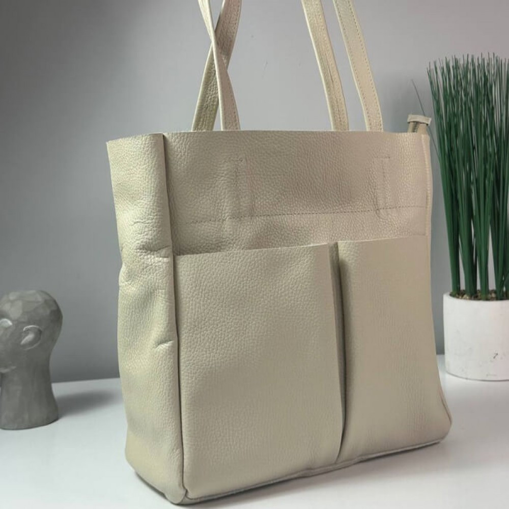 Сумка тоут жіноча шкіряна велика Юта Бежева 28*30*12 см, сумка шопер бежева стильна з кишенямиMasterSem Київ - фото 2