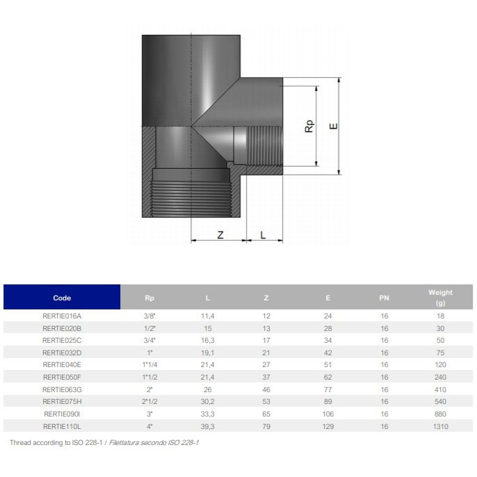 Тройник ПВХ Effast RERTIE025C 90° с внутренней резьбой, d3/4