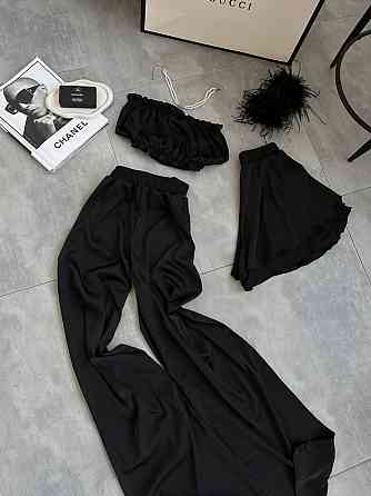 Жіноча піжама-трійка: топ шорти та штани із шовку армані Чорний, 44/46 Одеса