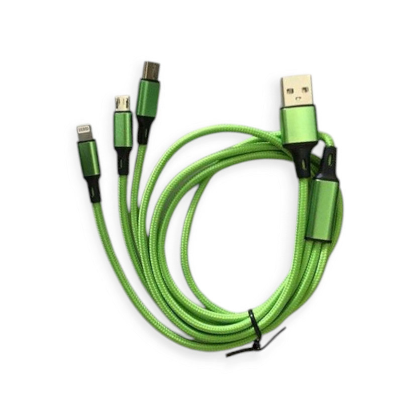 Кабель для заряджання USB - Micro USB, iPhone, Type-C 1м, зелений, круглий, тканина. обплетення Мукачево - фото 1