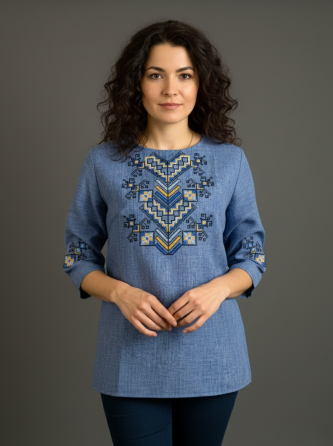 Вишита жіноча блуза на 3/4 рукав у кольорі джинс із гарною вишивкою. 48 Київ