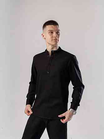 Черная мужская рубашка изо льна casual. Рубашка свободного кроя легкая черная Pobedov Exlnt Киев