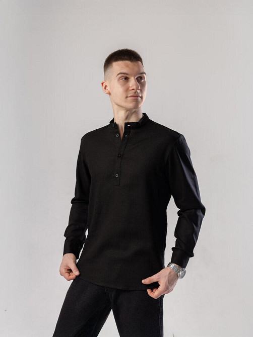 Черная мужская рубашка изо льна casual. Рубашка свободного кроя легкая черная Pobedov Exlnt Киев - изображение 1