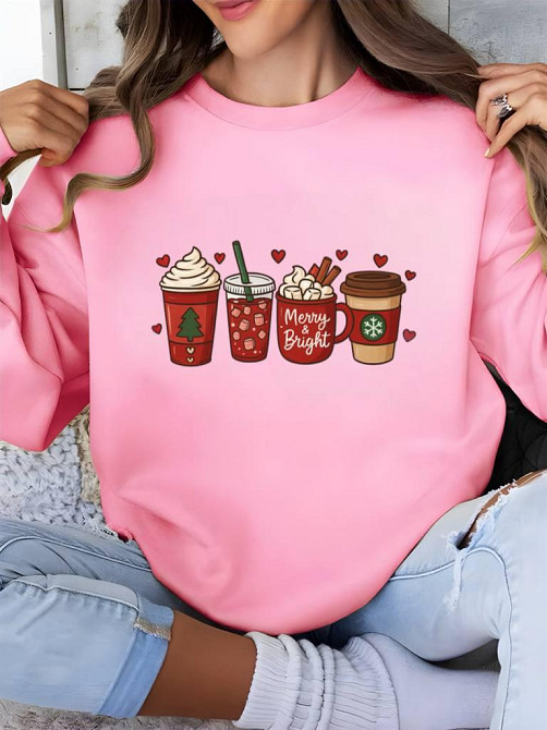 Жіноча затишна оверсайз кофта з новорічним принтом із двостороннього флісу Рожевий 2, 48/50 Одеса - фото 1