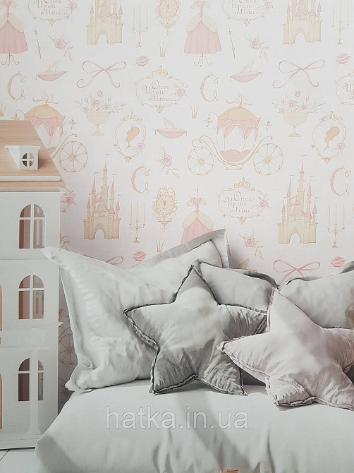 Обои винил на флизелине AS Creation Mia and Paul 0.53х10 детские для девочки туфельки розы кареты розовые Киев - изображение 1