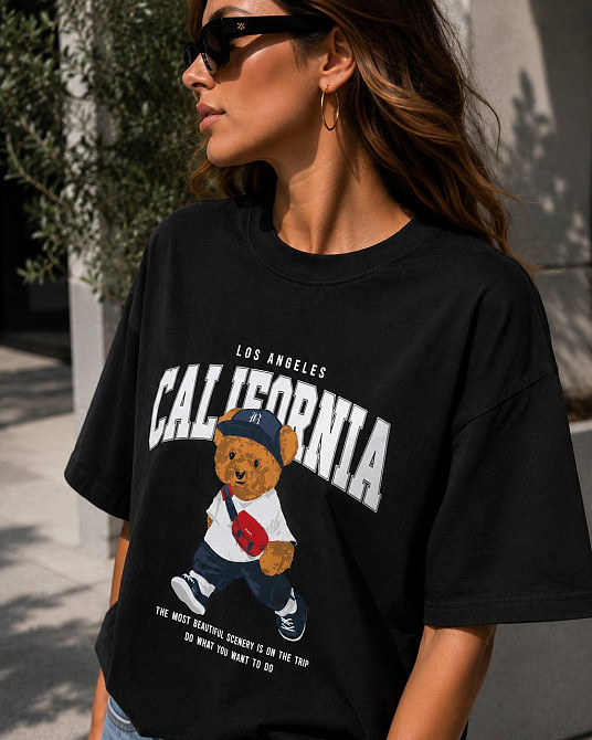 Футболка женская 25125 A-N оверсайз с принтом медвежонок надпись CALIFORNIA one size, черный, one size Киев - изображение 20