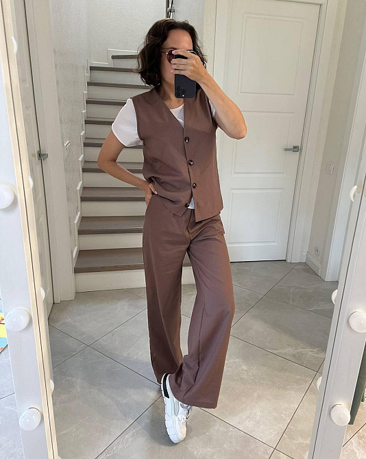 Жіночий легкий брючний костюм-трійка: жилет футболка та штани турецький натуральний льон + софт Моко, 46/48 Одеса - фото 4