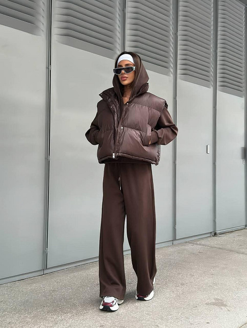 Жіночий стильний теплий костюм-трійка з турецької двонитки + плащівка емі Шоколад, 42 Одеса - фото 2