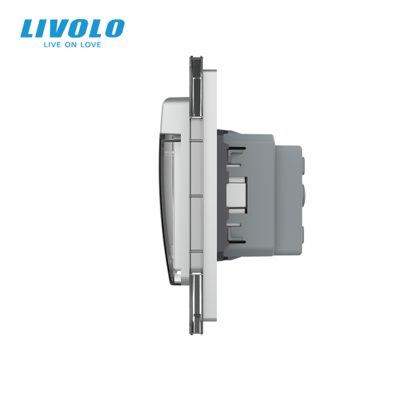 Сенсорний вимикач на 2 сенсори + подвійна розетка вологозахисна з кришкою IP44, з заземленням, сіра скляна рамка, шторки, LIVOLO (VL-C702/C7C2EUWF-15) Коломыя