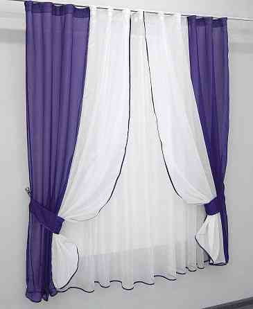 Кухонний комплект VR-Textil № 038к шторки і тюль фіолетовий з білим 280х170 см (50-030) Київ