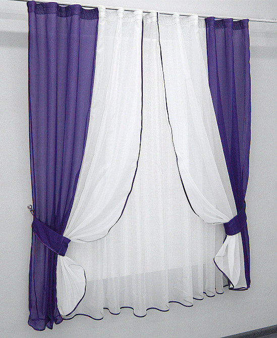 Кухонний комплект VR-Textil № 038к шторки і тюль фіолетовий з білим 280х170 см (50-030) Київ - фото 2