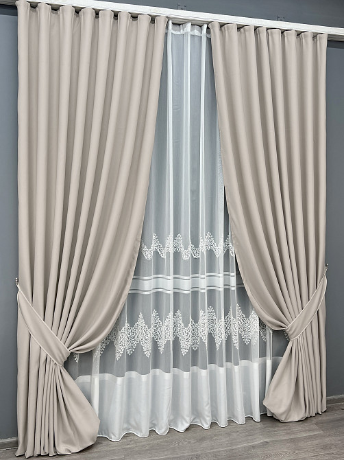 Комплект штор VR-Textil рогожка преміум TERRA LUXE 200х270 2шт і Тюль 600х270 1859ш-1706т Попелястий з молочним 71-186/7 Київ - фото 2
