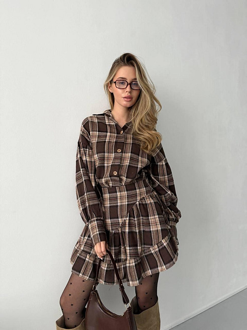 Жіночий стильний костюм-двійка: сорочка та спідниця в карту тіар Шоколадний, 46/48 Одеса - фото 3