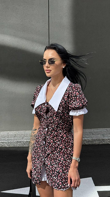 Жіноча романтична мінісукня-комбінезон з білим коміром софт Чорний, 42/44 Одеса - фото 1