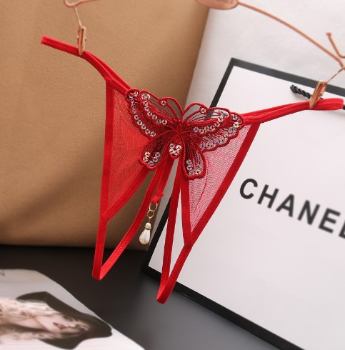 Сексуальні стрінги з метеликом та паєтками червоні - розмір універсальний, резинка до 84см Київ - фото 1