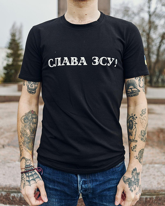 Мужская патриотическая футболка с принтом Слава ЗСУ антивоенная хлопковая черная M Одесса - изображение 7