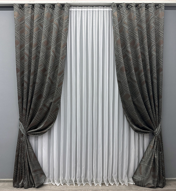 Комплект готовых штор VR-Textil Жаккард Mystery № 1621ш Серый с коричневым 150х290 см 2 шт (33-0543) Киев - изображение 2