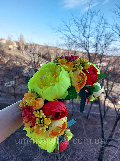 Жовто-червоний віночок Обідок обруч з квітами Піони великий Кривий Ріг - фото 2