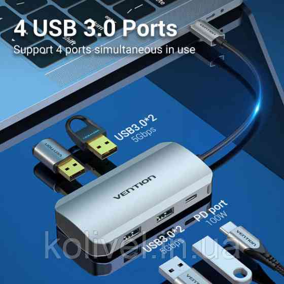 Хаб USB 3.1 Type-C -> 4хUSB 3.0/PD 100W 5-in-1 Vention (TNBHB) Київ