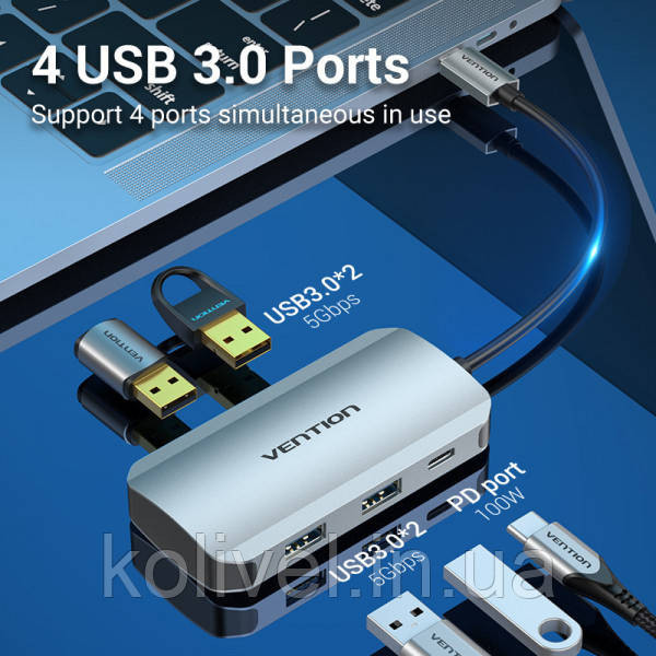 Хаб USB 3.1 Type-C -> 4хUSB 3.0/PD 100W 5-in-1 Vention (TNBHB) Київ - фото 3