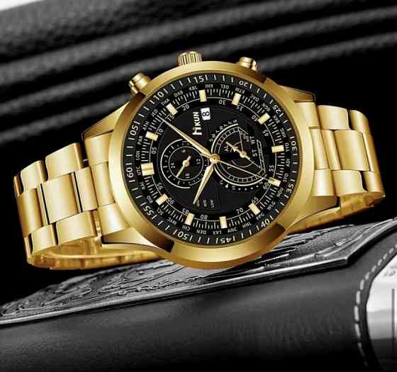 Подарунковий набір для чоловіків наручний годинник з браслетом і ланцюжок з хрестиком золотистий Київ