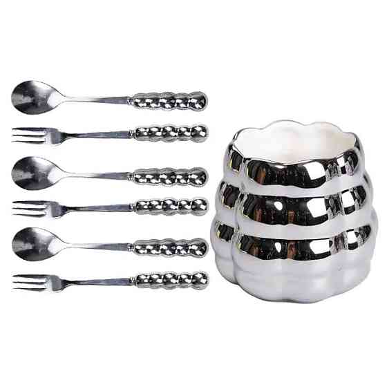 Набор десертных вилок и ложек на 3 персоны с подставкой из фарфора 7 предметов Серый HP-20-61 Киев